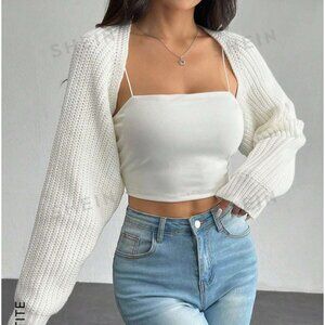 SHEIN | Balletcore Ribbed Knit Raglan Sleeve Shrug Crop Cream Cardigan (Size S)